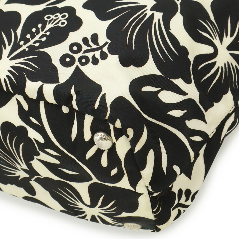 PRADA Prada Tote Bag Shoulder Hibiscus Flower Print Nylon Leather NERO Black ... - Picture 4 of 9